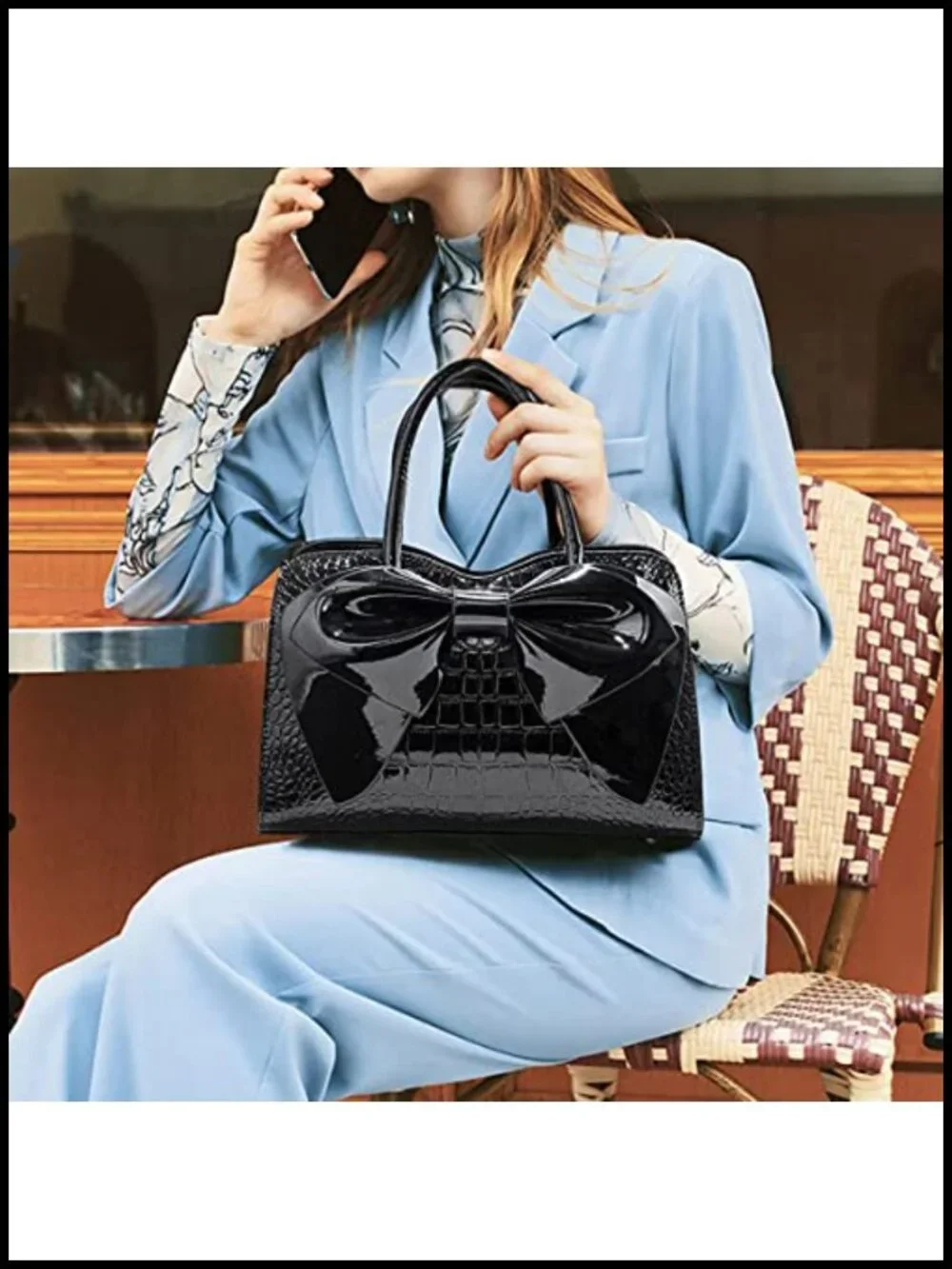 Shiny Patent Leather Bowknot Satchel Handbag Tote Top-Handle Purse